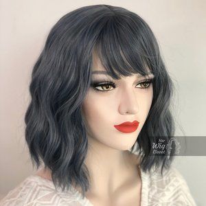 12" Ashy Blue Gray Wavy Wig with Bangs | Stacy